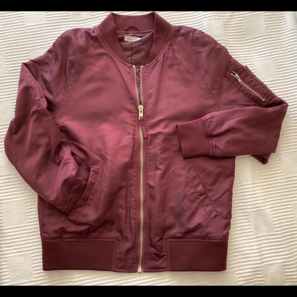 Maroon satin bomber jacket.
